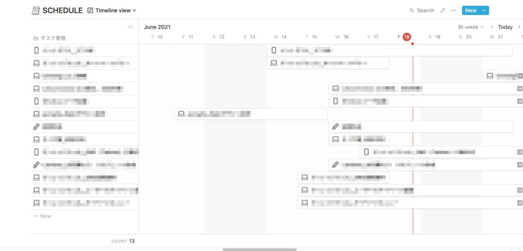 Notionタスクリストのガントチャート