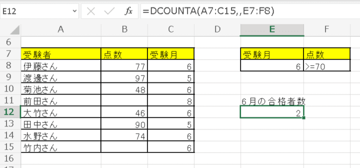文字列を含むセルの数を数えるDCOUNTA関数